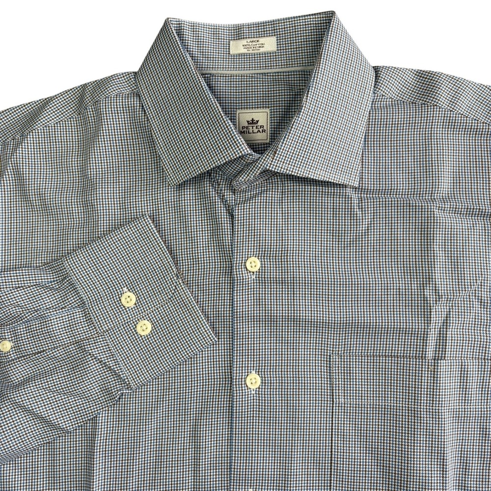 Peter Millar Houndstooth Dress Shirt Mens L Blue Brown Cotton Office Casual